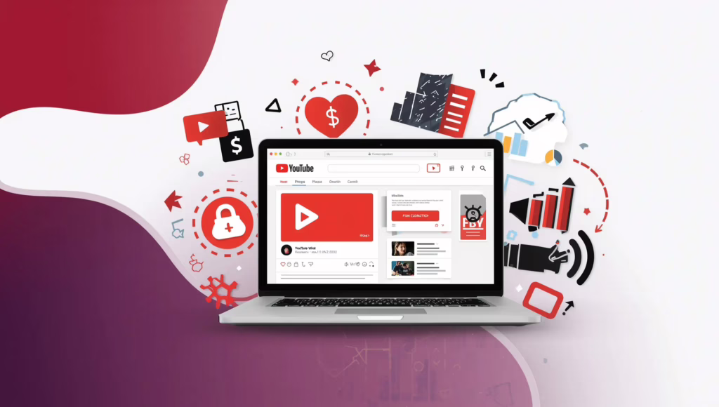 Цифровая иллюстрация ноутбука с интерфейсом YouTube-канала, окруженного иконками монетизации и аналитики